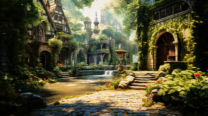 Naklejka premium Fantastic garden behind an overgrown house with creepers along a creek, made with generative ai
