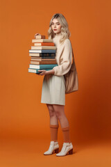 full length of a pretty woman attractive overwhelmed intelligent girl carrying a big large pile of books and materials science project. Isolated on yellow color background. Generated AI 
