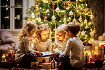 Children sit in front of the Christmas tree in the living room and read a book over wrapped presents, made with generative ai