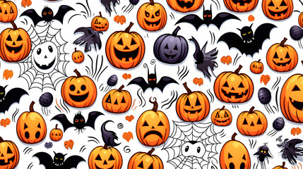 Fototapeta premium Collection of halloween silhouettes icons and characters, bat, witch, pumpkins, haunted house, trees