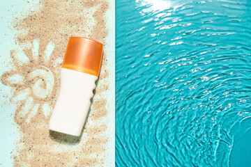 Sunscreen cream on edge of swimming pool