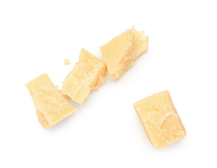 Pieces of tasty Parmesan cheese on white background