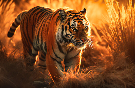 a tiger walking through the field before sunset