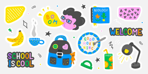 Collection of school stickers and decorative elements.Vector set for the design of covers, notebooks, books,diary and much more.
