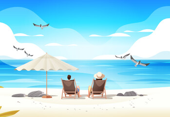 man woman couple sitting together under umbrella on tropical beach summer vacation time to travel concept
