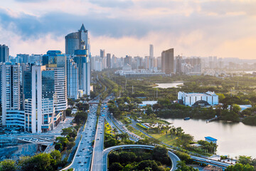 Aerial photography of Haikou International Trade CBD and Binhai Interchange in Hainan, China - obrazy, fototapety, plakaty