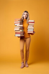 full length of a pretty woman attractive overwhelmed intelligent girl carrying a big large pile of books and materials science project. Isolated on yellow color background. Generated AI 