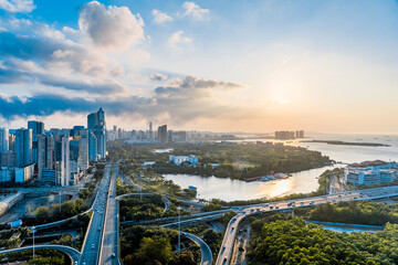 Aerial photography of Haikou International Trade CBD and Binhai Interchange in Hainan, China