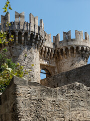 bottom view of the three towers in front of the entrance to the Rhodes fortress, circa 14th century