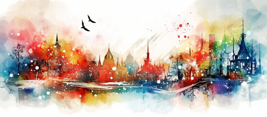 Watercolor colorful illustration of winter and christmas city. Banner. generative AI