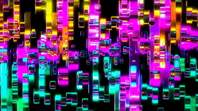 Abstract luxurious animated futuristic background with glass multicolored mosaic vert 3d stripes.