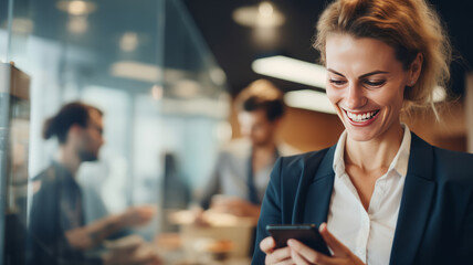 Fototapeta premium Smiling businesswoman using her phone in the office.Generative ai