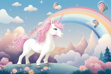 Illustration of a majestic unicorn standing on a hill with a vibrant rainbow in the background created with Generative AI technology
