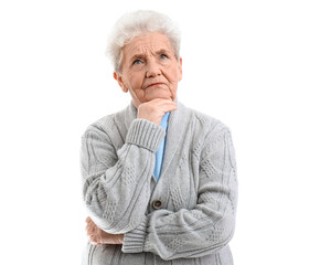 Thoughtful senior woman on white background