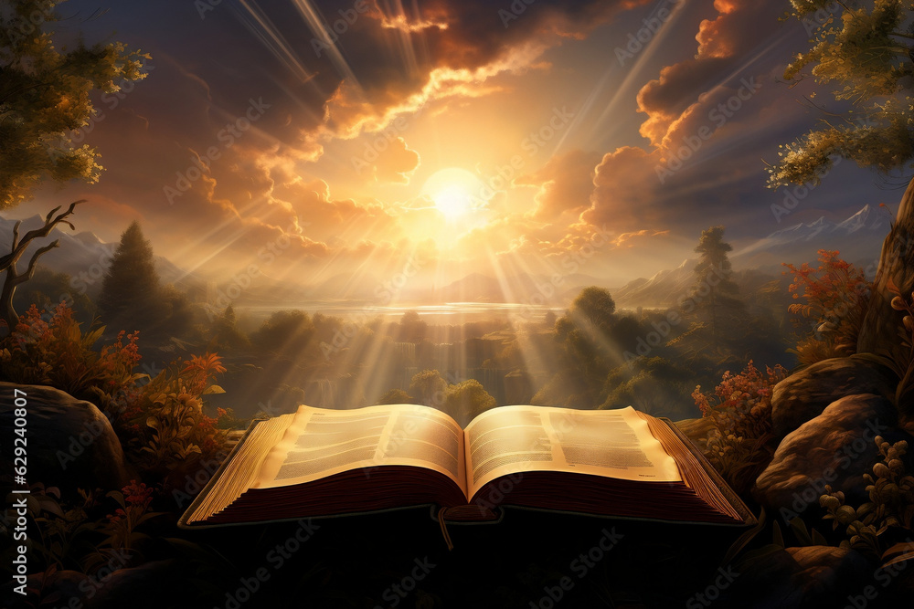 Wall mural divine enlightenment: open bible in paradise landscape with sun rays