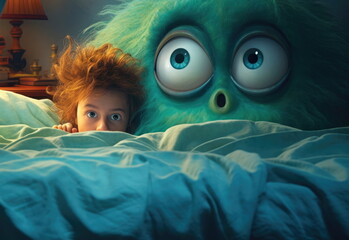 Сoncept of childhood phobias and fears. A monster in a child's bedroom