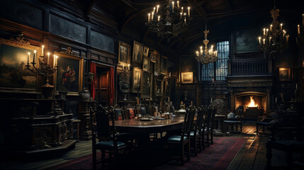 Enchanting Dining Room in a Majestic Castle: Grand Paintings, Candlelight and Vintage Elegance