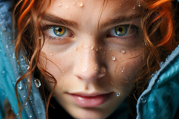 Extreme close up portrait of a woman with icy blue eyes