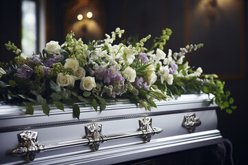 Elegant floral arrangement adorning a white morgue coffin - obrazy, fototapety, plakaty