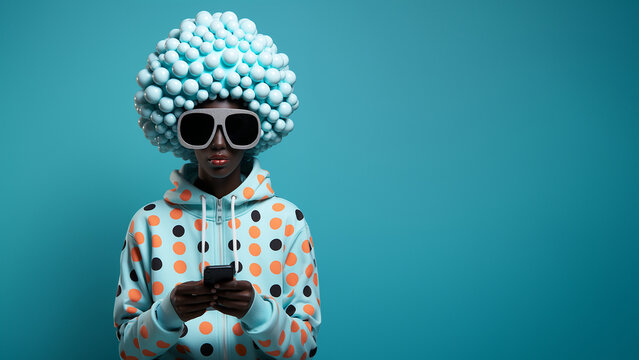 Afroamerikanisches Model lustig im Mint Pastell Stil und Punkten im Freizeitlook, ai generativ