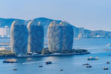 Aerial close-up of Phoenix Island Resort Hotel, Sanya, Hainan, China