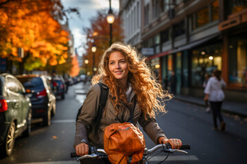Young brunette woman standing with her bike