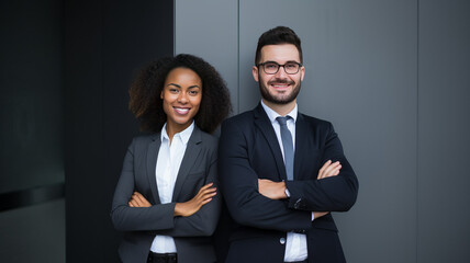Portrait of happy multi ethnic business couple posing with arms crossed generative ai
