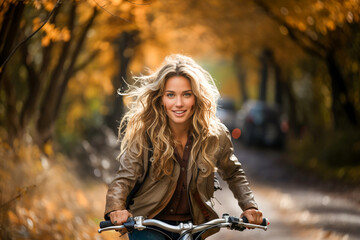 Fototapeta na wymiar Front view of a young blond woman riding a bike