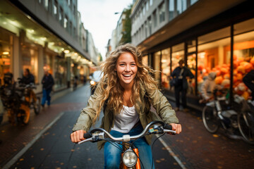 Young brunette woman riding a bike