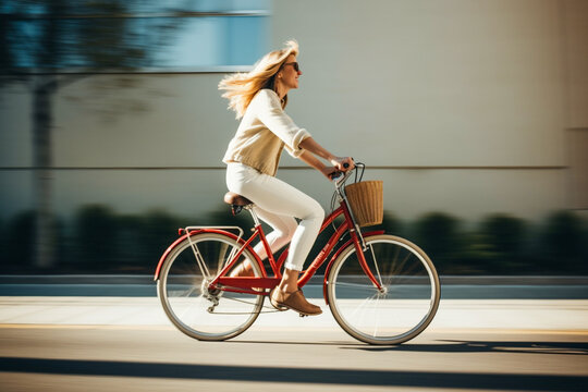 Side view of a young blond woman riding a bike