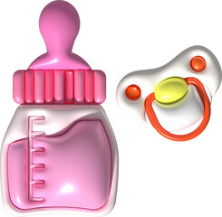 3d icons - baby bottle and baby pacifier Nutrition in plastic containers for newborns