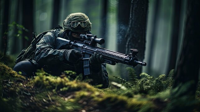 Special forses forest ambush. Military shooter aiming at the enemy during an operation in a forest area.
