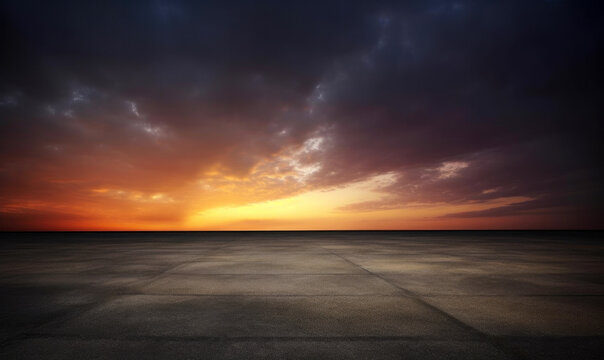 Dark floor background with beautiful sunset cloud night sky horizon, the vacant marble mosaic square. High quality photo