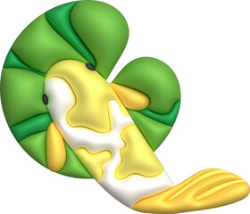 3d icon, colorful japanese koi fish and lotus leaf, minimal style icon