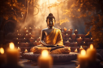 Illuminated Golden Gautama Buddha Statue: Radiating Serenity
