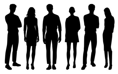 Vector silhouettes of  men and a women, a group of standing   business people, profile, black  color isolated on white background