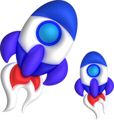 3d cartoon style minimal spaceship rocket icon. Toy rocket upswing. Startup, space, business concept.