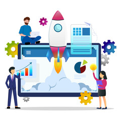 Startup project development team - V3. Team Building. Team Development Business Rocket Infographic. Vector Design.