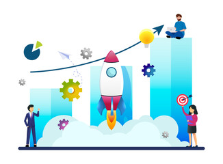 Startup project development team - V3. Team Building. Team Development Business Rocket Infographic. Vector Design.