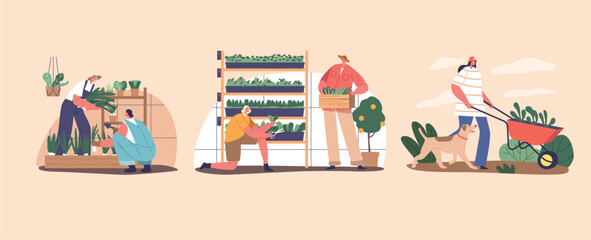 Gardener Characters Caring For Lush Greens In A Greenhouse, People Nurture Various Plants In A Controlled Environment