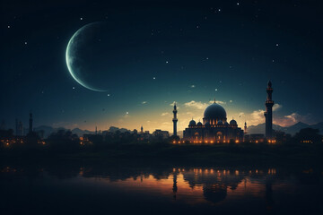 Fototapeta na wymiar Ramadan Night: Mosque and Crescent Moon Celebrate
