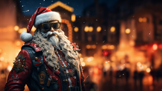 Santa Claus als b&ouml;ser Rocker mit Brille und aggressiven Gesichtsausdruck, ai generativ