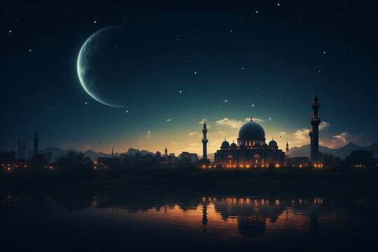 Ramadan Night: Mosque and Crescent Moon Celebrate