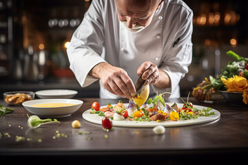Create a visually captivating scene of a chef plating a dish, with a meticulous arrangement of ingredients, displaying the kitchen's dedication to culinary finesse." Generative AI