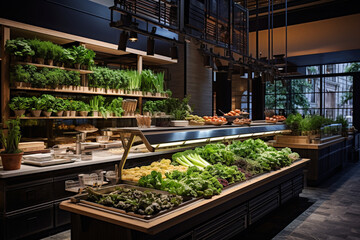 Craft a visually stunning showcase of fresh produce and ingredients, reflecting the commitment to quality and farm-to-table values in the restaurant's kitchen." Generative AI