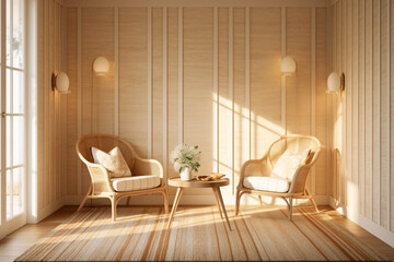 Fototapeta na wymiar Rattan living room interior with armchairs and coffee table. Generative ai