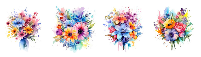 Watercolor flowers bouquet set. Generative AI