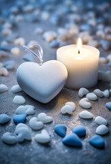 Obraz na płótnie Canvas White lit aroma candle, heart and pebbles on beach. Generative AI