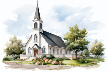 Fototapeta na wymiar Serene Road to Faith - Tranquil Watercolor Illustration of a Church Chapel