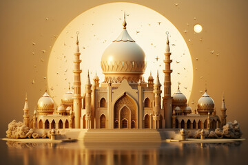 Fototapeta premium Golden Reflections: Illuminated 3D Mosque with Celestial Accents